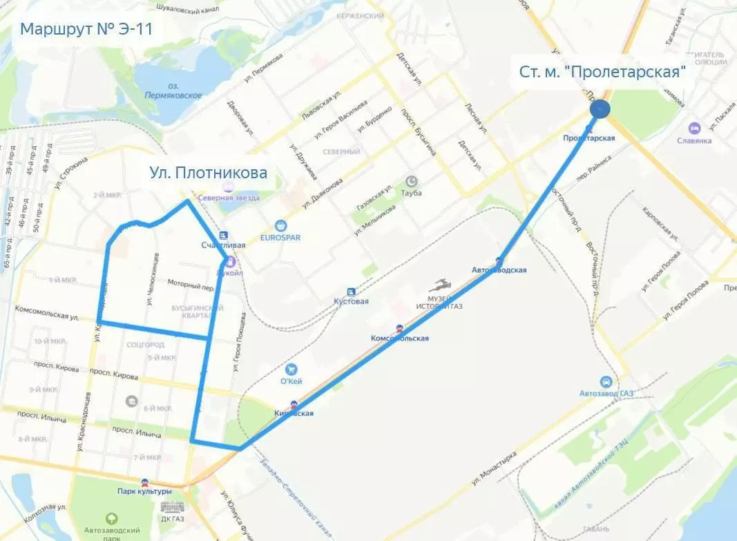 Схема маршрута электробуса №11 в Нижнем Новгороде
