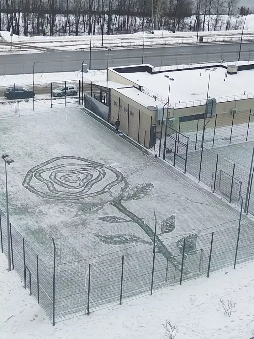 Дворник из нижегородского ЖК нарисовал на футбольном поле огромную розу