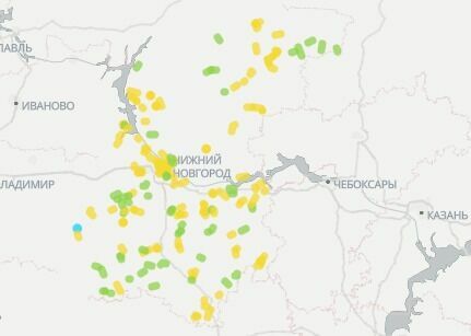 Карта автомобильных дорог Нижегородской области. Зеленый цвет - работы завершены и оплачены, желтый цвет - работы ведутся или ожидают приемки.